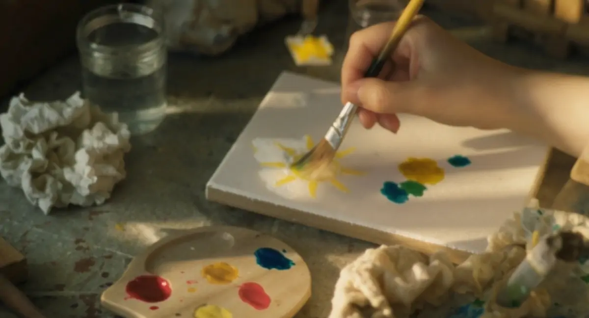 Детска ръка рисува с четка на платно