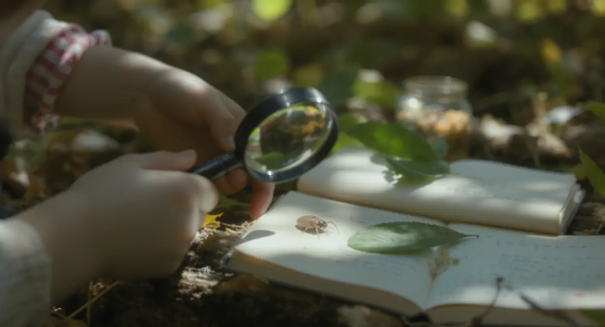 Детски ръце с лупа изследват насекомо