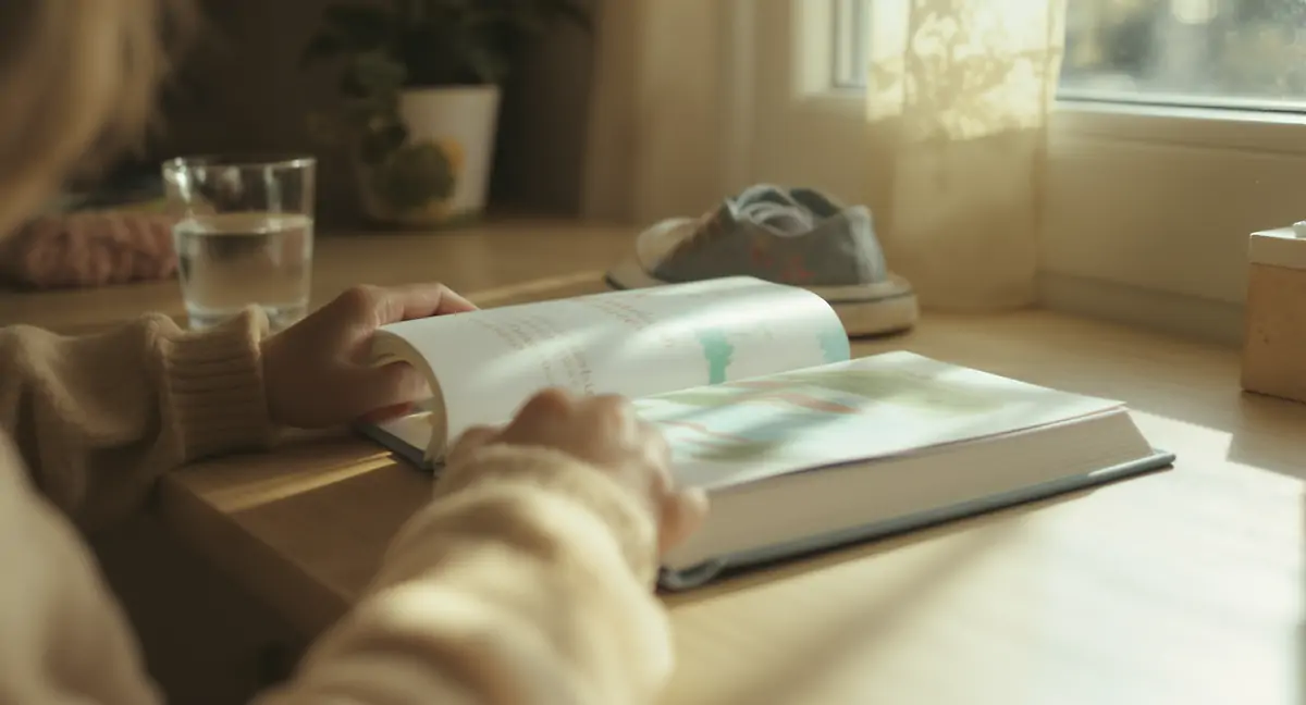 Детска ръка прелиства книга до прозорец