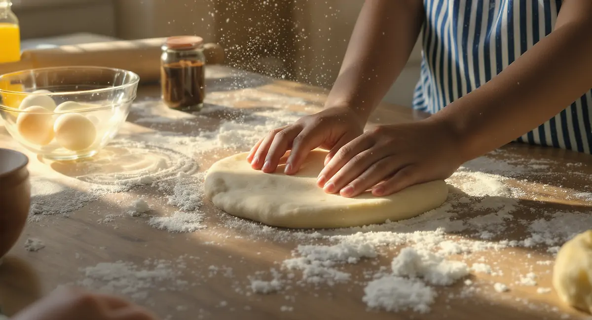 Детски ръце месят тесто в кухнята