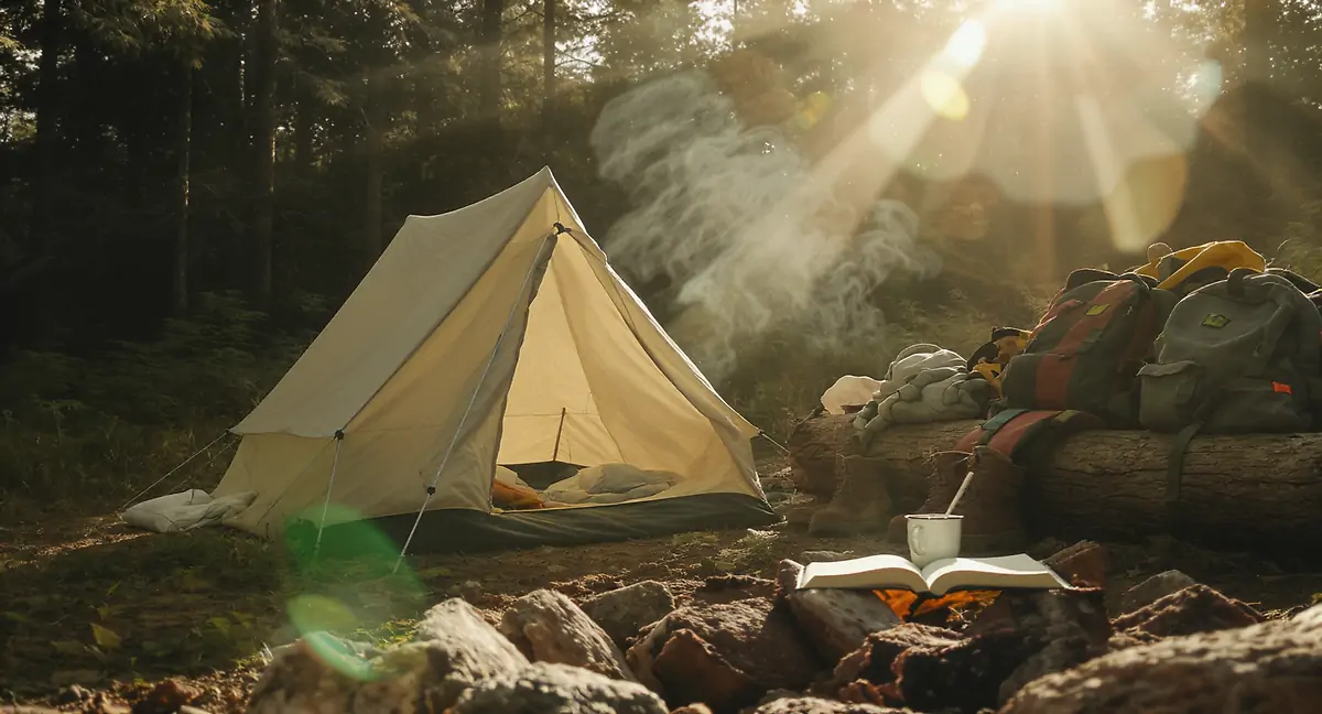 Палатка и лагерен огън в гората